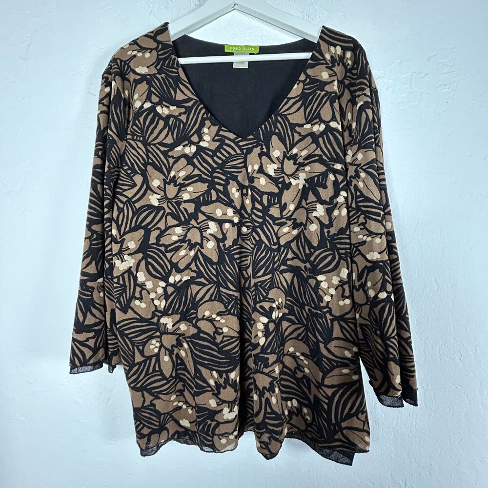 Sigrid Olsen Womens 2X Floral Print 3/4 Sleeve V-Neck Top Black Brown Casual